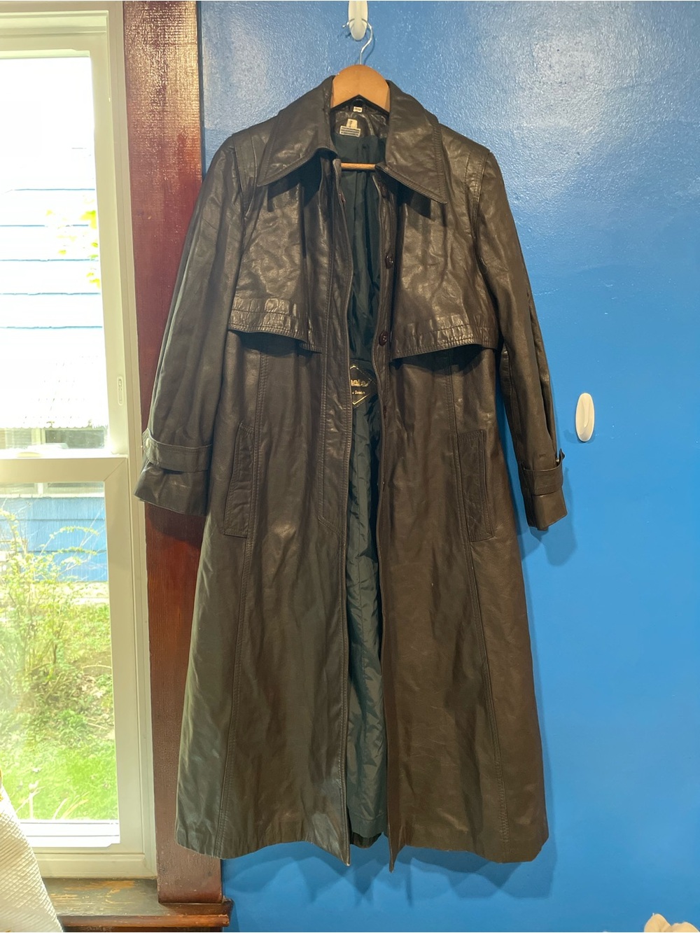 Vintage 70s Cr Mates Domino Dark Brown Leather Trench Coat Belted Jacket